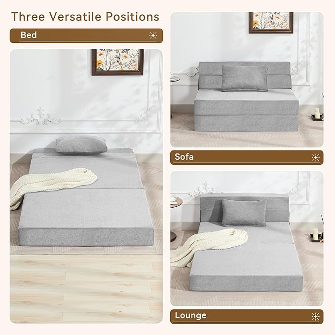 Folding Sofa Bed Convertible Floor Couch Foldable Chair Bed with Pillow，Linen Sleeper Chair Futon,Foldable Memory Foam Mattress for Bedroom/Living Room/Dorm/Office (Light Grey, Standard)