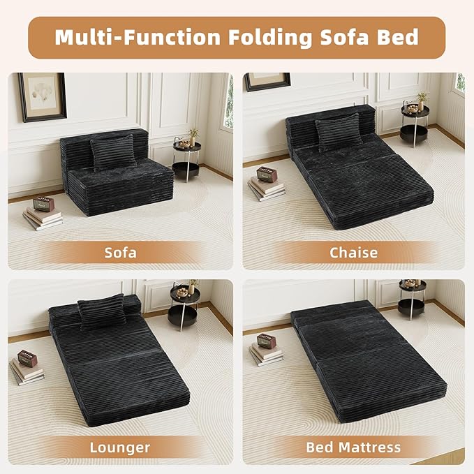 Convertible Foldable Sofa Bed Queen - 4 in 1 Sleeper Chair with Pillow, Fold Out Couch, High-Density Foam Floor Mattress, Space-Saving Futon for Living Dorm Guest Room and Office, Grey