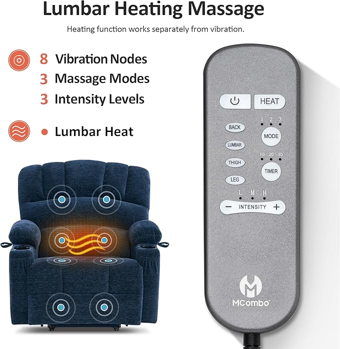 MCombo Power Lift Recliner Chair for Elderly, Lift Chair with Heat and Massage, Extra Wide Lift Recliner for Big People, Fabric R7096 (Medium-Wide, Navy Blue)