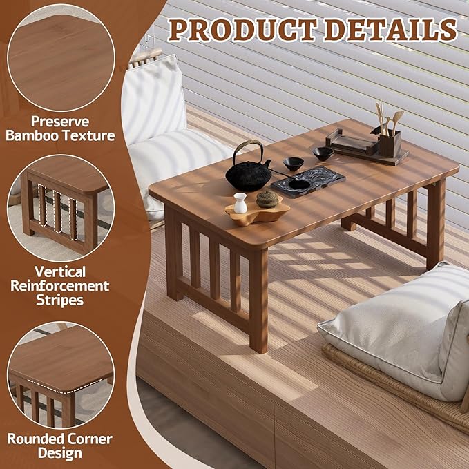 JNNXZZ Japanese Folding Coffee Table,Foldable Low Table for Sitting,Bamboo Collapsible Floor Tea Table,Portable Versatile Meditation Table for Tatami Living Room Home Office Apartment (Brown)