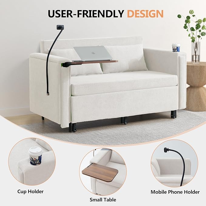 ORRD Pull Out Sofa Bed, 2-in-1 Multi-Functional Sleeper Couch Small Loveseat Bed with Hidden Side Table, Phone Holder and Cup Holder for Living Room, Small Space, Apartment (White)