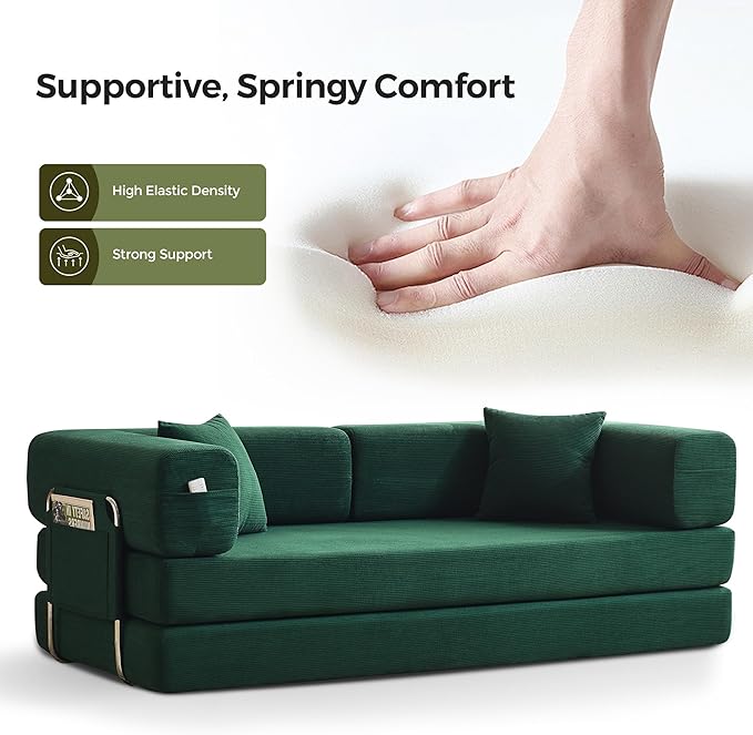 Carzzi-Life 79" Convertible Sofa Bed with Pillows, Corduroy Folding Sleeper Sofa with Fixed-Shape Frame, Boneless Couch for Living Room Bedroom, Floor Sofa Lounge No Assembly Required (Green)