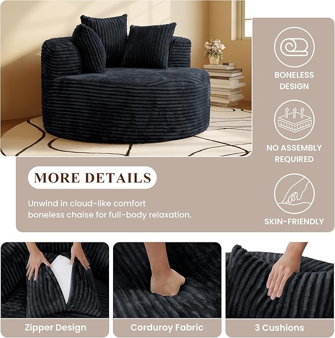 WJShome 50" Round Chaise Lounge Chair Indoor,Oversized Corduroy Upholstered Boneless Couch Deep Seat Sleeper Sofa Bed,No Assembly Required Couches for Living Room/Bedroom/Apartment,Black