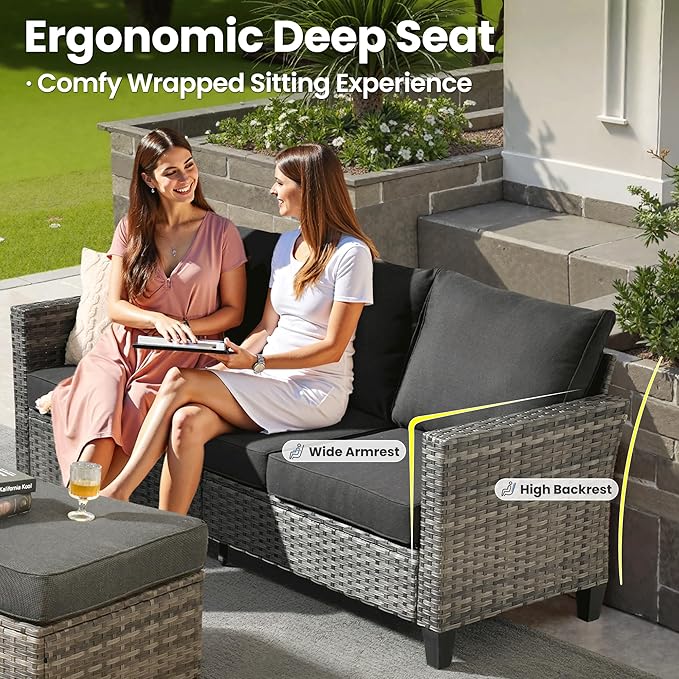 ovios 6 Pieces Patio Furniture Set, Outdoor Wicker Sofa Couch with Rocking Swivel Chairs Comfy Cushions, Modern Deep Seat Rattan Conversation Sets for Deck Porch, Black