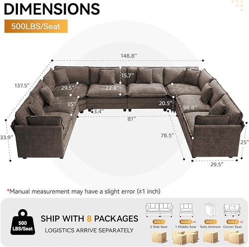147'' Oversized U Shaped Cloud Sectional Sofa, Chenille Deep Seat Couches for Living Room, Comfy Upholstered Modular Sectional Sofa Couch, Brown