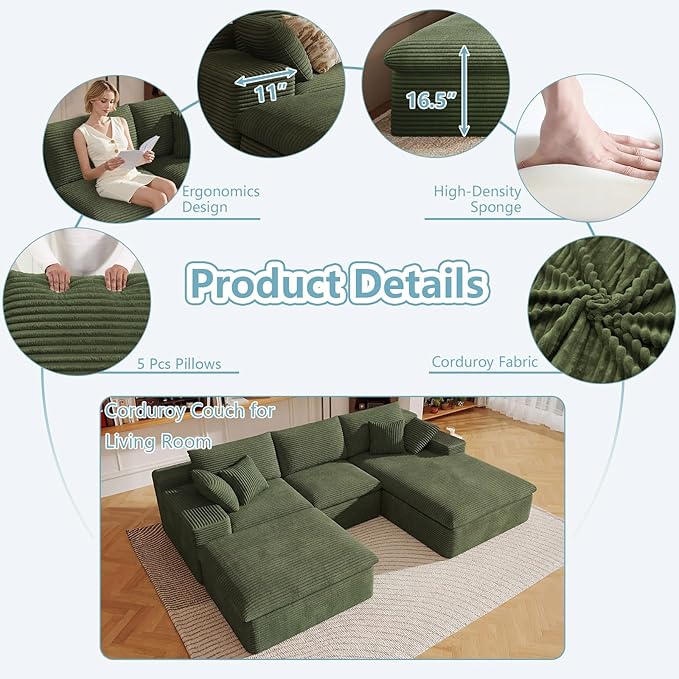 107" Cloud Sectional Couch with U-Shaped Chaise,Corduroy Viral Boneless Sofa with Ottoman,Memory Foam Couches in a Box with Deep Seat for Living Room,No Assembly Required (Green,Right-Facing Chaise)