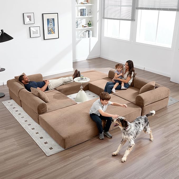 L Shape Convertible Sofa Bed with Cylindrical Pillow and Storage Pocket, Convertible Sofa Couch Bed with Support Frame for Living Room Bedroom Children Room-Brown