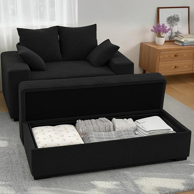 Indoor Chaise Lounge Chair with Storage Ottoman, Modern 60-Inch Lounge Sofa Chair with Wide Armrests & 4 Pillows, Oversized Comfy Reading Lounger for Living Room, Bedroom（Medium-Rib Corduroy Black）