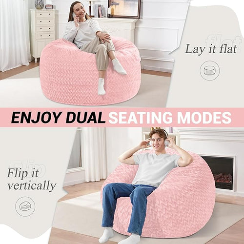 3FT Bean Bag Chair,Giant Bean Bag Chairs for Adults,Big Bean Bags with Memory Foam Filled, Large Beanbag Chairs with Chevron Plush Cover-Soft Pink