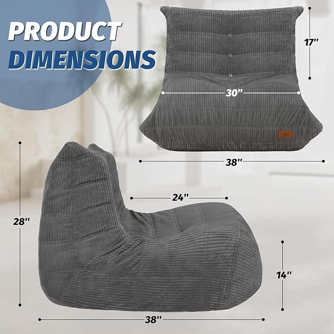 Bean Bag Chair,Giant Beanbag Chairs for Adults,Comfy Large Fireside Chair Lazy Sofa,Corduroy Bean Bag Lounger with Memory Foam Filled,Floor Sofa Couch for Home,Dorm,Living Room (Dark Grey)