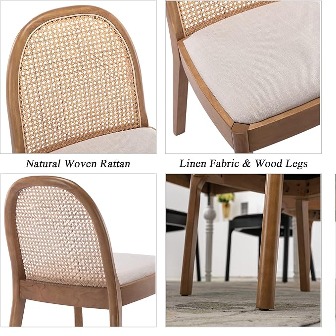 DUOMAY Mid-Century Modern Rattan Dining Chairs Set of 2, Wooden Dining Room Chair with Cane Backrest and Padded Seat, Linen Upholstered Dining Chair, Natural Finish, Beige