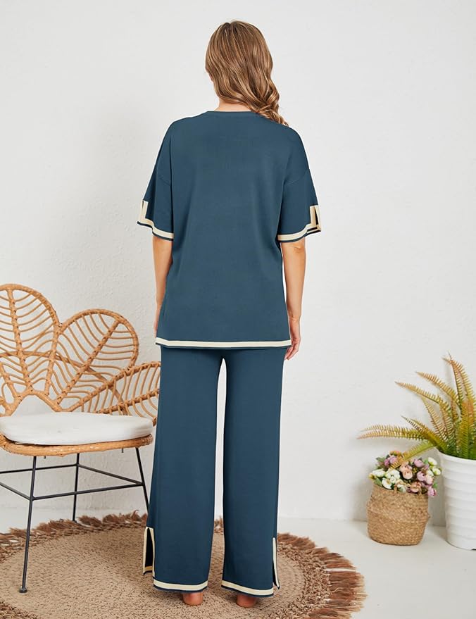 Faleave Womens Knit 2 Piece Sweater Sets Short Sleeve Pullover Tops Elastic Waist Wide Leg Pants Lounge Set