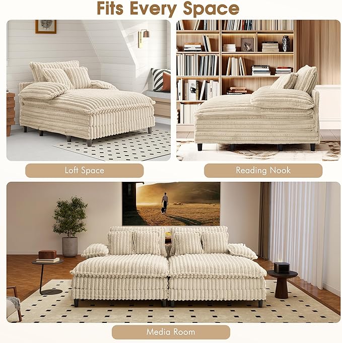 54.8" W Oversized Chaise Lounge Chair Indoor with 5-Position Adjustable Backrest, Plush Sleeper Sofa Bed with Pillows, Upholstered Cloud Couch Chair for Living Room, Study Room, Khaki