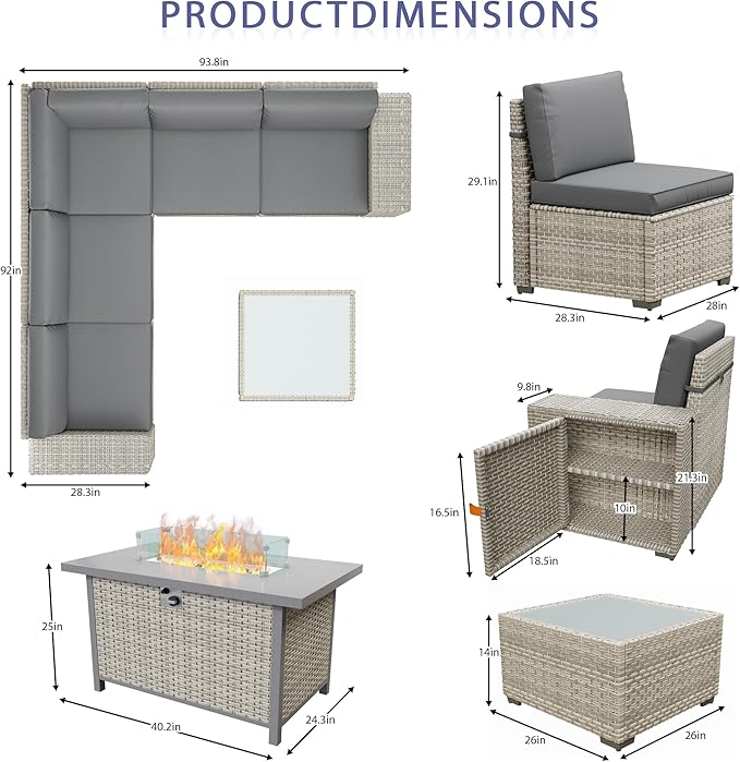 Broivira 13 Piece Patio Furniture Set with 50,000 BTU Rattan Fire Pit Table That Converts to Coffee Table, 9.8" Wide Arm Sectional Sofa with Storage Armrests, Outdoor Rattan Conversation Set, Grey