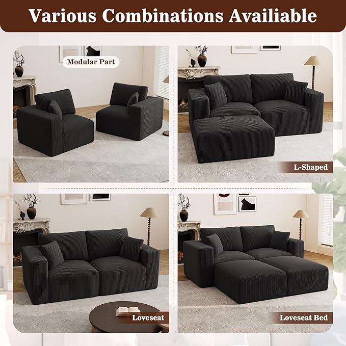 79" Modular Loveseat Cloud Couch, Memory Foam Boneless Double Sofa, Comfy Upholstered Corduroy Frameless Furniture, No Assembly Required Small Couch for Apartment, Living Room, Office, Black