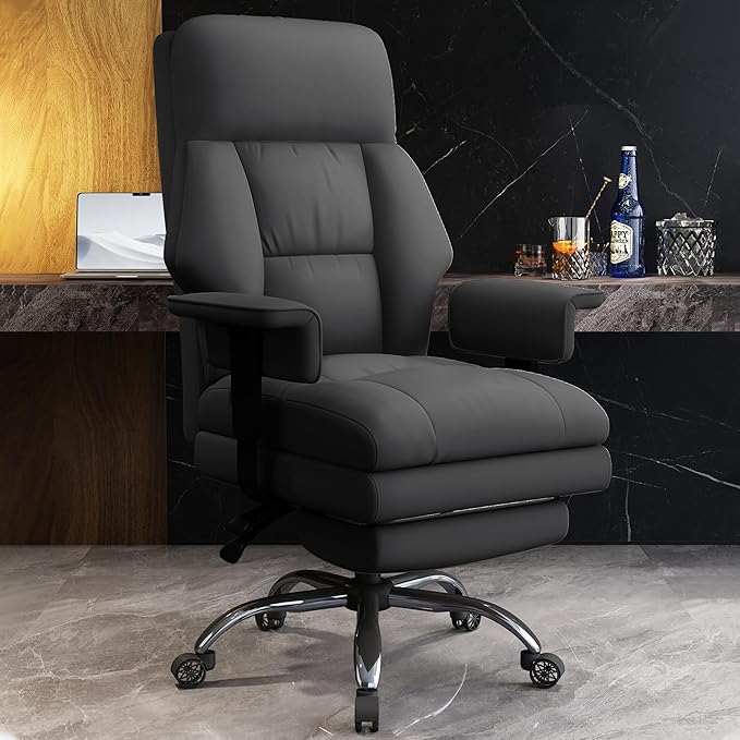 WXJHL Office Chair with Leg Rest, Leather High Back Executive Office Chair with Wheels, Ergonomic Desk Chairs with Lumbar Support for Home Office, Black