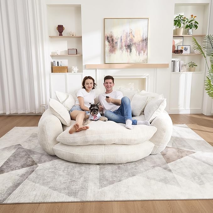 81" Oversized Bean Bag Chair Boneless Round Chaise Lounge Comfy Chenille Reading Chair Fluffy Plush Sofa Bed Large Deep Seat Circle Cloud Couch for Living Room, Bedroom, Apartment, Beige
