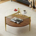 Pine Flicker Round Coffee Table, Mid-Century Modern Design, D30*H17 inch, for Living Room, 2-Tier Structure, Clear Glass Top and Walnut MDF Shelf, Sleek Conical Metal Legs with Gold Finish