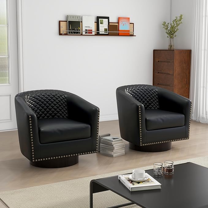 DREAMSIDEA Swivel Barrel Accent Chair, Comfy Modern Upholstered Round Faux Leather Arm Chair for Living Room, Bedroom-Black, Set of 2