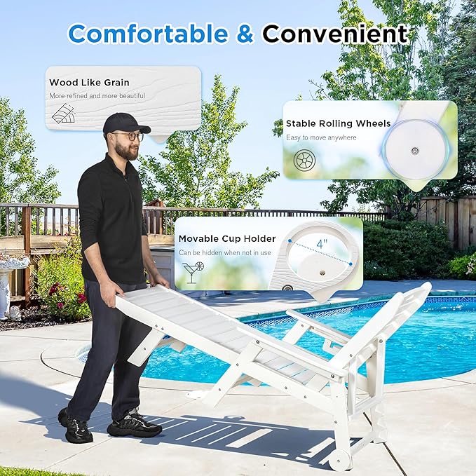 nalone HDPE Chaise Lounge Chair Outdoor with Wheels & Cup Holder, Pool Lounge Chairs with 5-Position Adjustable Backrest, Supports Up to 400 LBS for Patio Poolside Deck Beach Backyard (White)