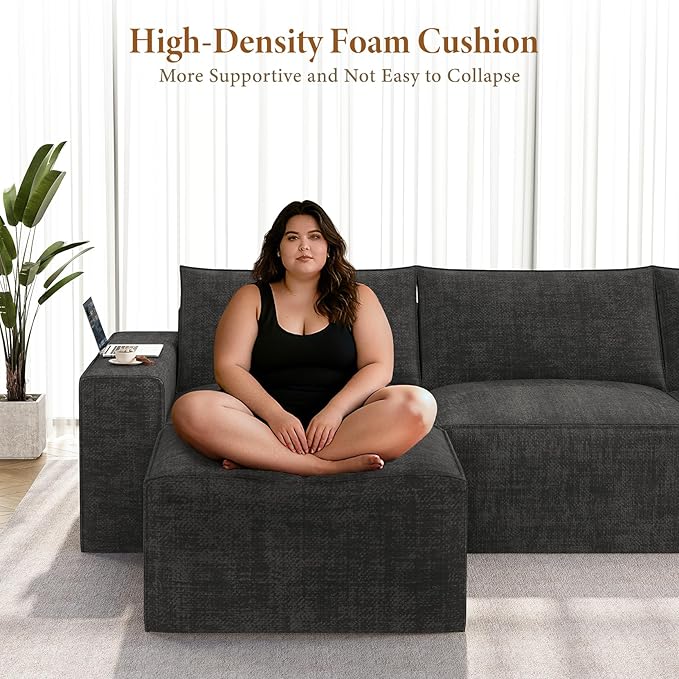 Vesgantti 114" Modular Sectional Boneless Couch, Modern 3 Seater Sofa with Ottoman & Deep Seat, Convertible Chenille L Shaped Cloud Couches for Living Room, No Assembly Required, Black