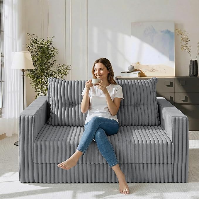 HABUTWAY Folding Sofa Bed, 2 in 1 Convertible Sleeper Chair with Pillow, Portable Fold Out Chair Bed with Armrest, Comfy Floor Couch, Lazy Sofa for Living Room Bedroom Dorm Home Office, Light Grey