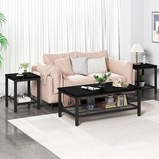 AWQM Coffee Table Set of 3, Industrial Coffee Table with 2 Square End Side Tables, Modern Living Room Table Set with Metal Frame for Apartment Home Office, Black