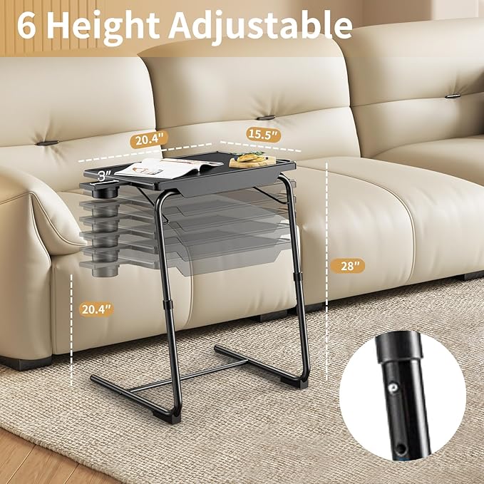 ZUCONKITCH Adjustable TV Tray Tables with 6 Height & 3 Tilt Angle, Folding TV Dinner Tray,TV Table with Cup Holder on Bed & Sofa (2 Pack, Black)