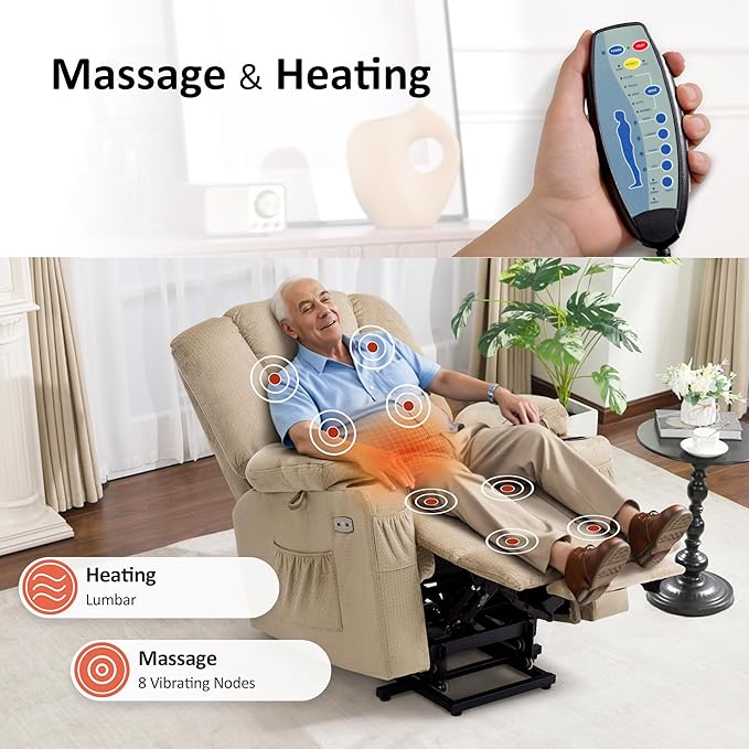 MCombo Power Lift Recliner Chair with Massage and Heat for Elderly People, Cup Holders, USB Ports, Side Pockets, Fabric 7529 (Medium, Beige)