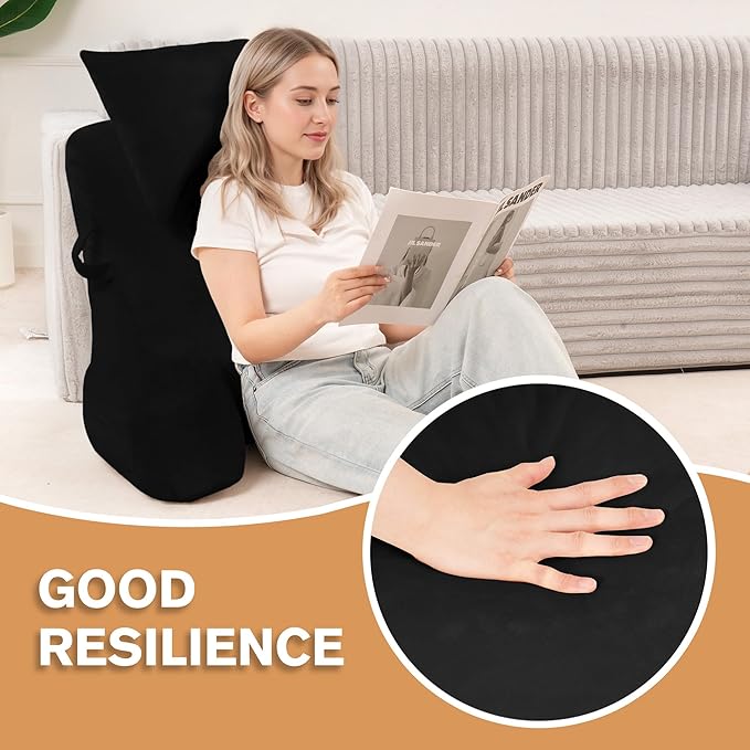 Unisakey Portable Reading Pillows with Headrest for Bed Sitting Up(Black Oeko-Tex), Velvet Back Pillow with Arms & Pockets for Adults, Support Memory Foam Bed Pillow for Dorm/Reading/Watching/Gaming