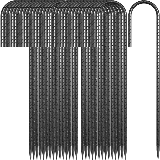 OK5STAR 16 Inch J Hook Rebar Stakes 30 Pack, Heavy Duty 5/16 Inch Diameter Black E-Coated Steel Wind Resistant Ground Anchors for Trampoline, Bounce House, Dog Kennel, Chain Link Fence & Gazebo