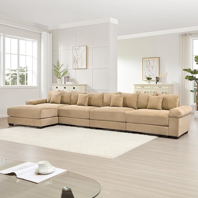 KEIKI 168" Oversized Corduroy Modular Cloud Sectional Sofa with High-Density Foam Cushions, Extra-Thick Armrest, Upholstered Modern 4-Seater Fluffy Corner Couch with 12 Pillow, for Living Room, Camel