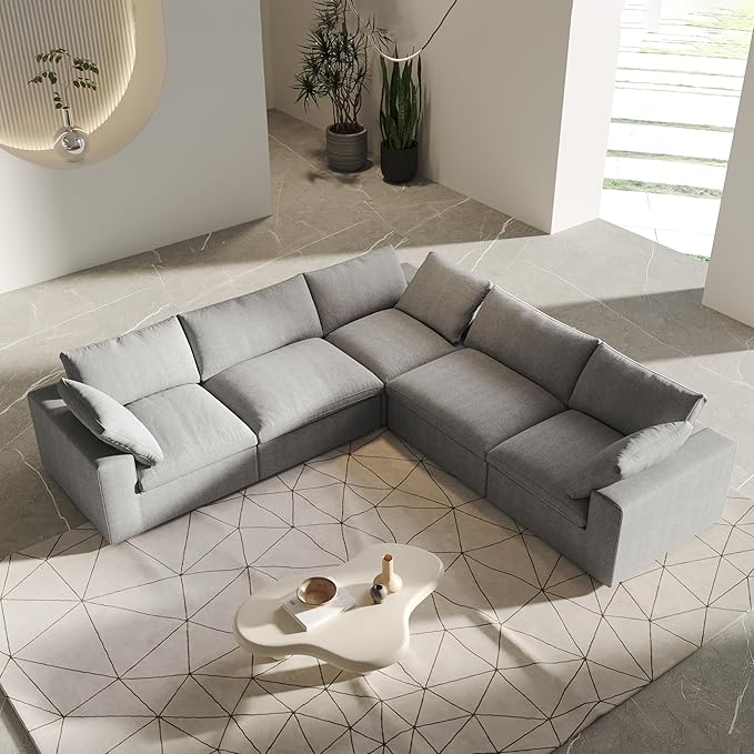 V-Shaped Cloud Sectional Couch, Modular Sectional Sofa, Modern Comfy Cloud Sofa, Covers Removable, Convertible Sleeper Couch for Living Room Apartment (Light Grey, Linen Fabric)