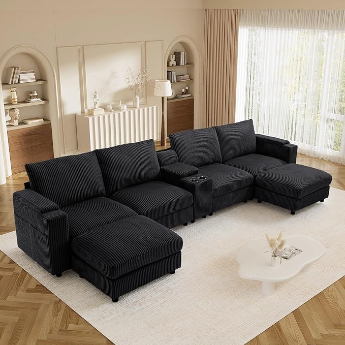 153" W x 60" D U Shape Sectional Sofa with USB Charging & Cup Holder & Storage, 6 Seater Plush Corduroy Couches with Movable Ottoman, Cloud Couch Sofas for Living Room, DIY Combination - Black