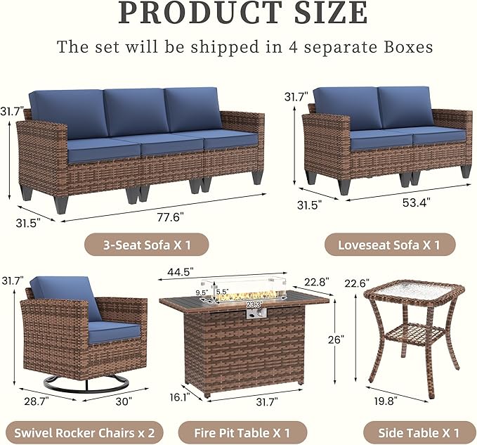 UDPATIO Patio Furniture Set with Fire Pit Table and Swivel Rocking Chairs, 6 Pieces Outdoor Wicker Furniture Set with Waterproof Cover, 4'' Thickened Cushion, Navy