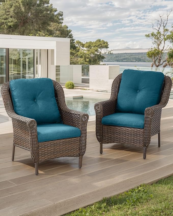 ACTREST Patio Wicker Chairs Outdoor Furniture Chair - Set of 2 Outside All Weather Lawn Dining Brown Rattan Armchair with High Back&Deep Seating for Deck Porch Balcony Backyard Garden - Peacock Blue