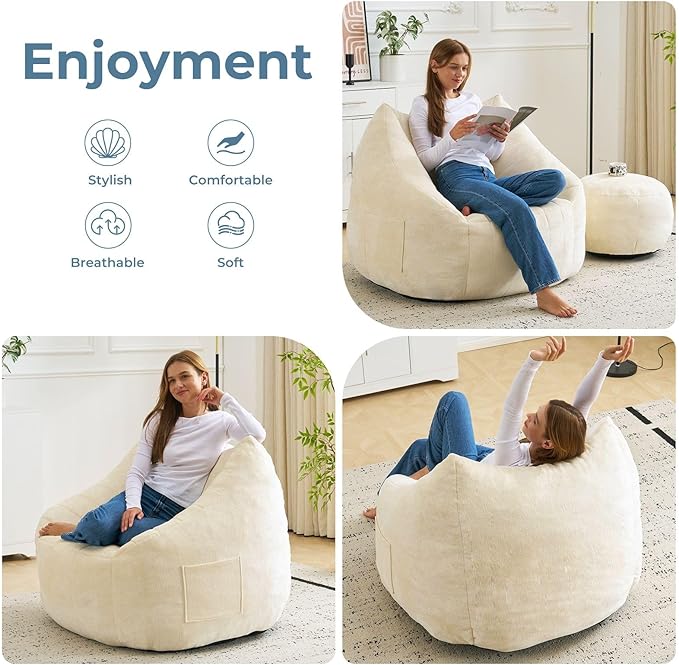 Giant Bean Bag Chair with Ottoman for Adults, Oversized Bean Bag with Filling Plush Fluffy,BeanBag Floor Sofa Chair with with Back Support for Living Room, Bedroom, Reading,Beige