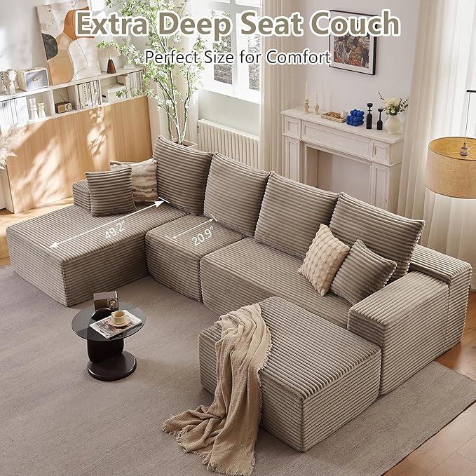 Lakifun 135" L-Shape Sofa with Ottoman, Modern Modular Sectional Comfy U-Shape Cloud Couch, Deep Seat, Upholstered Corduroy Sleeper Chaise Longue for Living Room Bedroom, No Assembly Required, Camel