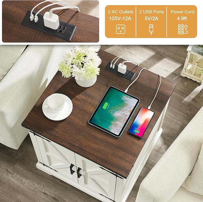Barnyatoh Farmhouse End Table with Charging Station,24" Large Side Table with Barn Door, Rustic Wood Square Nightstand Bedside Table with Adjustable Shelf for Living Room, Bedroom,Antique White 2-Pack