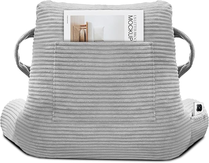 ABROLOY Reading Pillow for Sitting in Bed Adult, Bed Reading Pillow with Shredded Memory Foam, Back Pillow for Sitting with Arms and Pockets, LightGrey