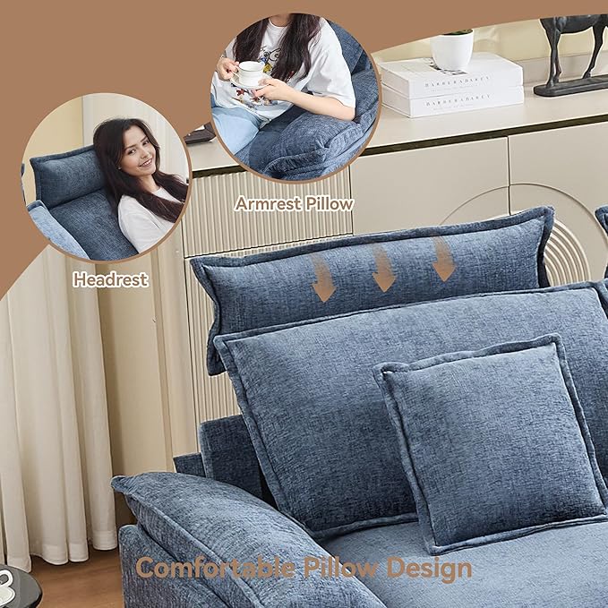 103'' Cloud Modern 3 Seater Couch with Detachable Headrest, Modular Sectional Sofa with Ottoman, Oversized L Shape Chenille Comfy Sofa with Armrests for Living Room, Blue