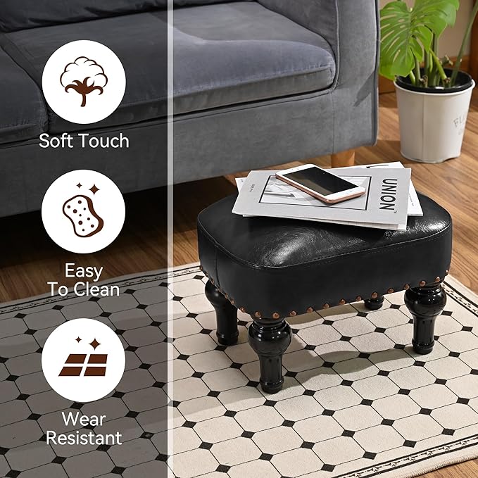 DSGAMER Leather Footrest Wood Ottoman,Rustic Foot Stools Seat, Wood Footstool,Rectangle Footrest Small Ottoman for Bedroom, Living Room, Office，Entrance Hall (Black)
