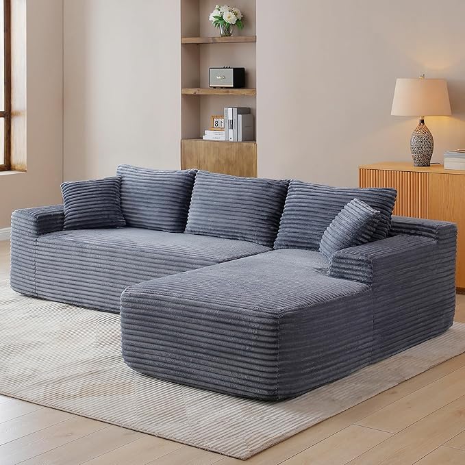 HYJT-H&K Modular Sectional Sofa Cloud Sectional Couch, 95" Comfy Fluffy L Shaped Grey Couches for Living Room, Deep Seat Memory Foam Plush Corduroy Boneless Couch Sectionals Right Facing Chaise Sofa