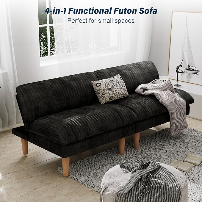 69" Futon Sofa Bed, 4 in 1 Multi-Function Couch Sleeper with Adjustable Backrest, Modern Convertible Futon, Recliner Small Loveseat for Living Room, Dorm, Plush Dark Grey