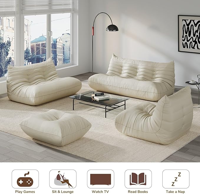 Comfy Lazy Floor Sofa Couch,Soft Armless Chair,Corner Faux Leather Lounge Chair,Corner Relax Sofa Couch for Living Room Bedroom,Salon Office,Adults(Corner+3P++2P+Ottoman)