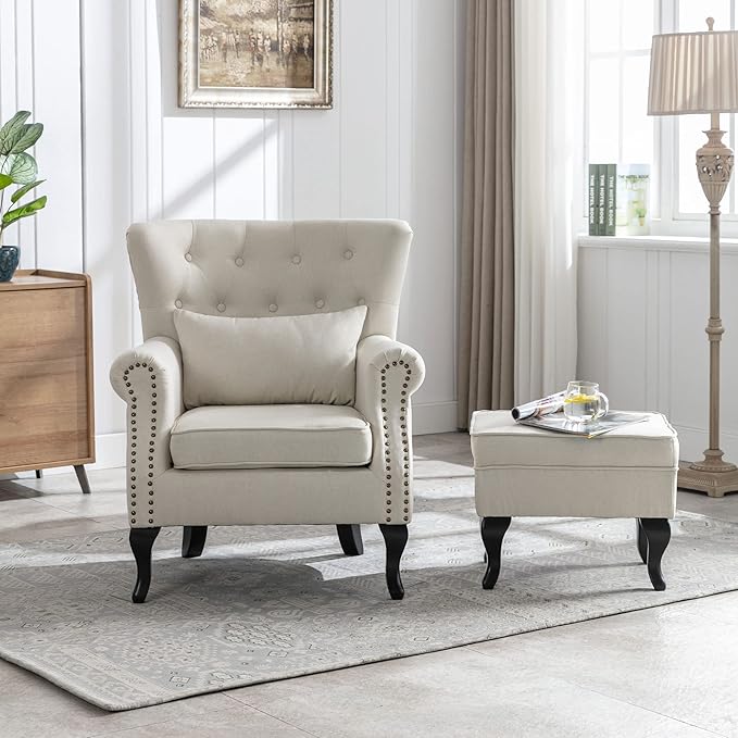 DM Furniture Set of 2 Mid-Century Modern Accent Chair with Ottomans, Linen Fabric Armchair w/Tufted Back/Wood Legs, Upholstered Lounge Arm Chair Single Sofa for Living Room Bedroom, Beige