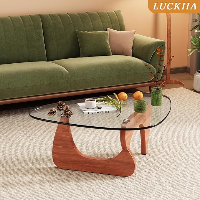 LUCKIIA Coffee Tables Glass Small Farmhouse Coffee Table Mid-Century Modern Wood Center Table for Living Room, Walnut Transparent, 45 Inch