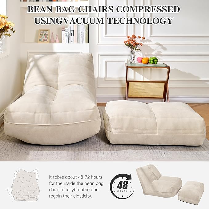 Cvortll Bean Bag Chair with Ottoman, Comfy Bean Bag Sofa with Memory Foam, Lazy BeanBag Sofa with Footstool, Fireside Bean Bag Couch for Living Room, Bedroom, Apartment (Off White)