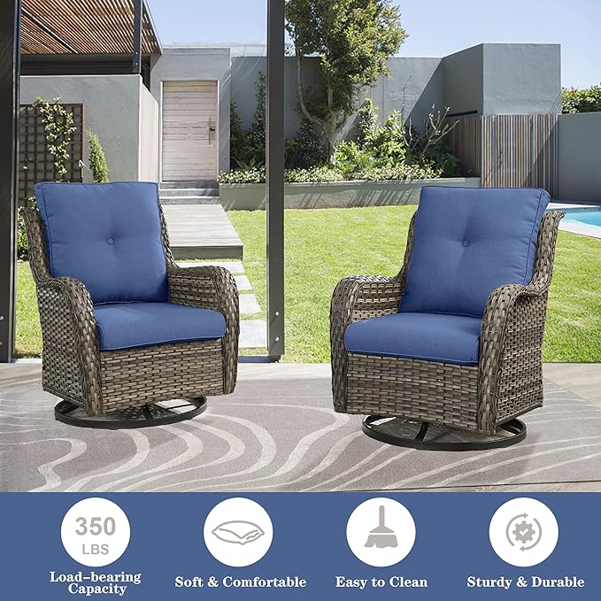 Belord Wicker Outdoor Furniture Patio Furniture Set - 6 Piece Patio Conversation Set with Swivel Rocker Chairs, Loveseat Sofa, Ottomans and Coffee Table, Blue Cushion