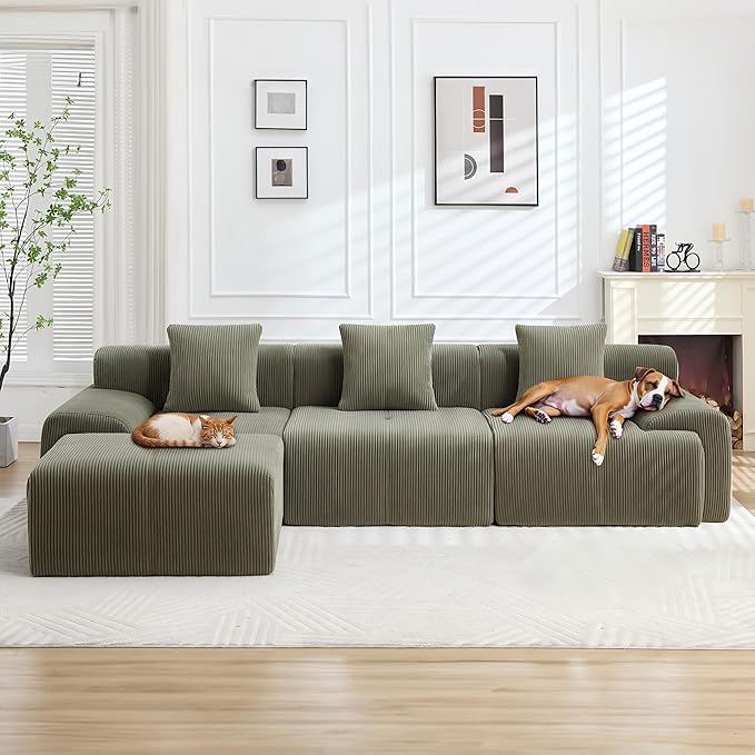 118" Modern L-Shaped Modular Sectional Sofa, Boneless Couches for Living Room, Corduroy Upholstered Sofa with Deep Seat, Oversized 3-Seater Cloud Sectional Couch,No Assembly, Green